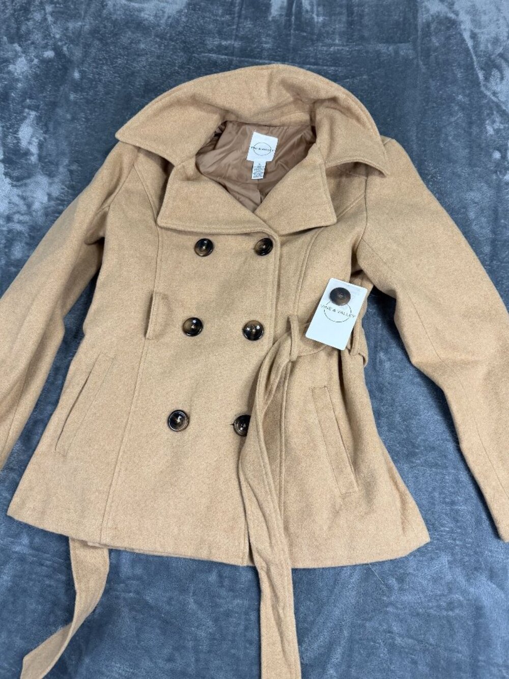 Vine & Valley Womens Tan Double-Breasted Belted Peacoat XL NWT